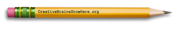A yellow pencil with a pink eraser and green band, featuring the text 'CreativeBrainsGrowHere.org' printed along its side.